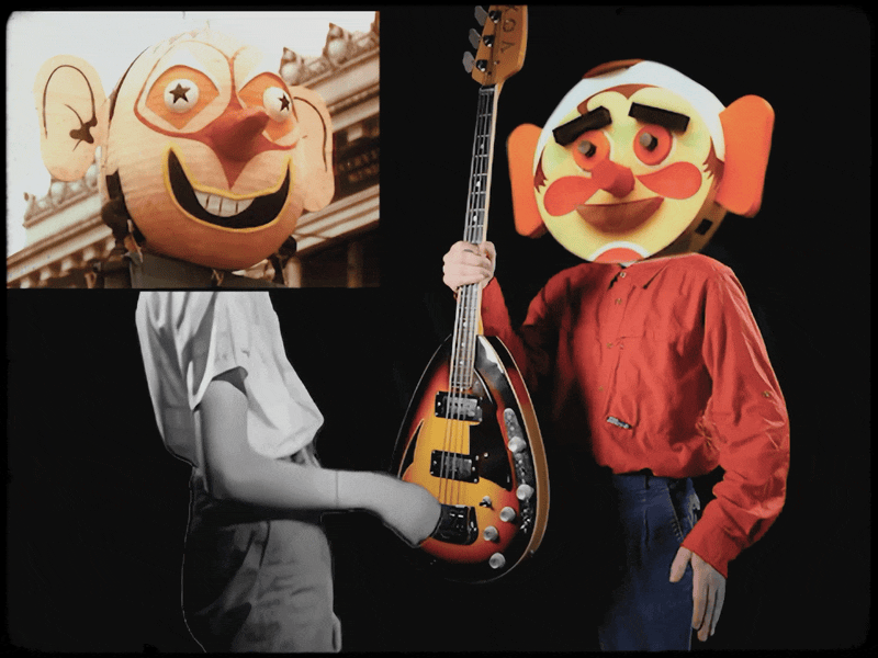 an animated collaged gif of people with masked heads slapping their legs