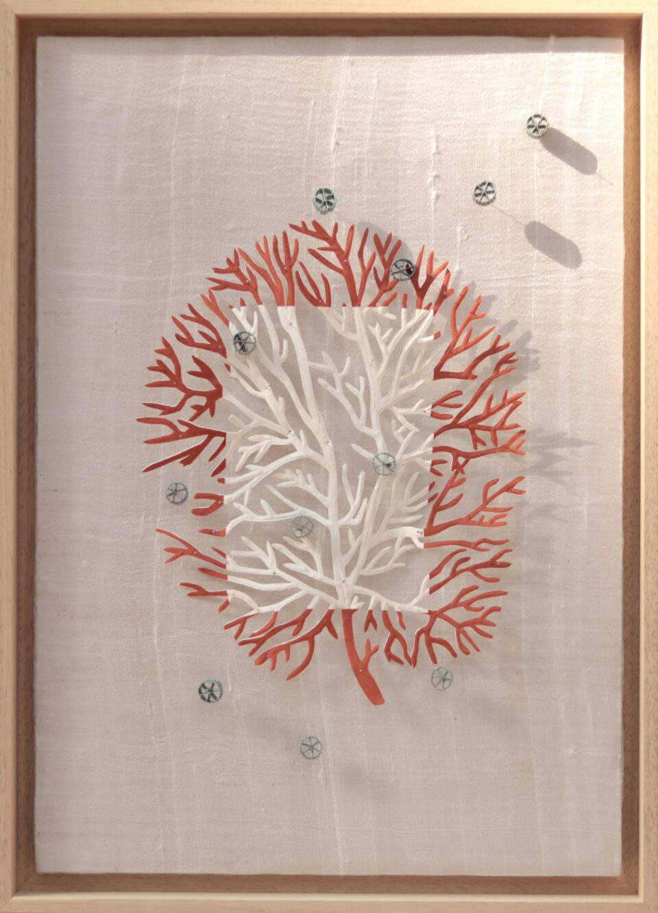 a framed artwork made of cut material in the shape of coral