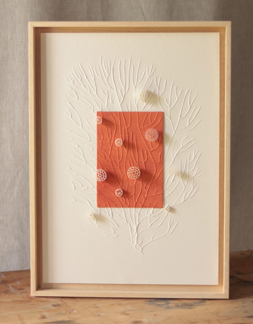 a framed artwork made of cut material in the shape of coral