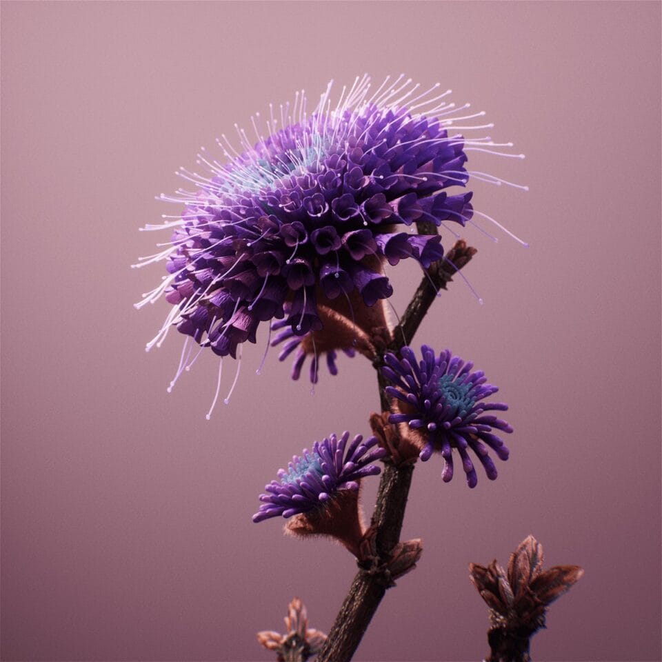 a 3D digitally rendered, imaginary, violet, thistle-like flower