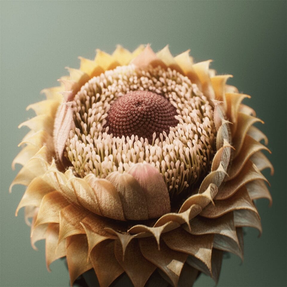 a 3D-rendered fantastical flower unfurling in a yellow spiral