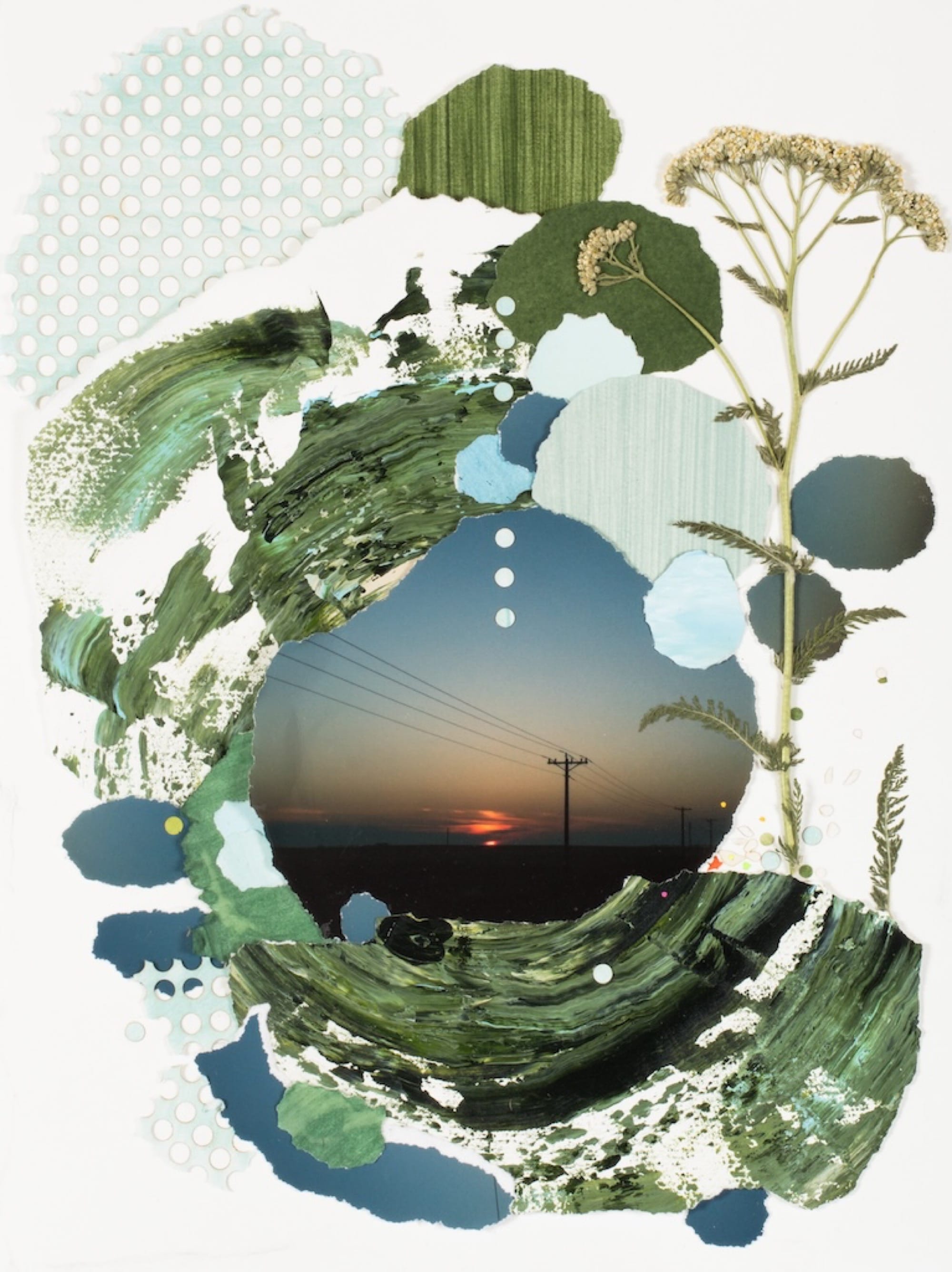 a collage made from torn pieces of paper, paint, and other materials, depicting a circular photo of a sunset surrounded by foliage and smears of paint