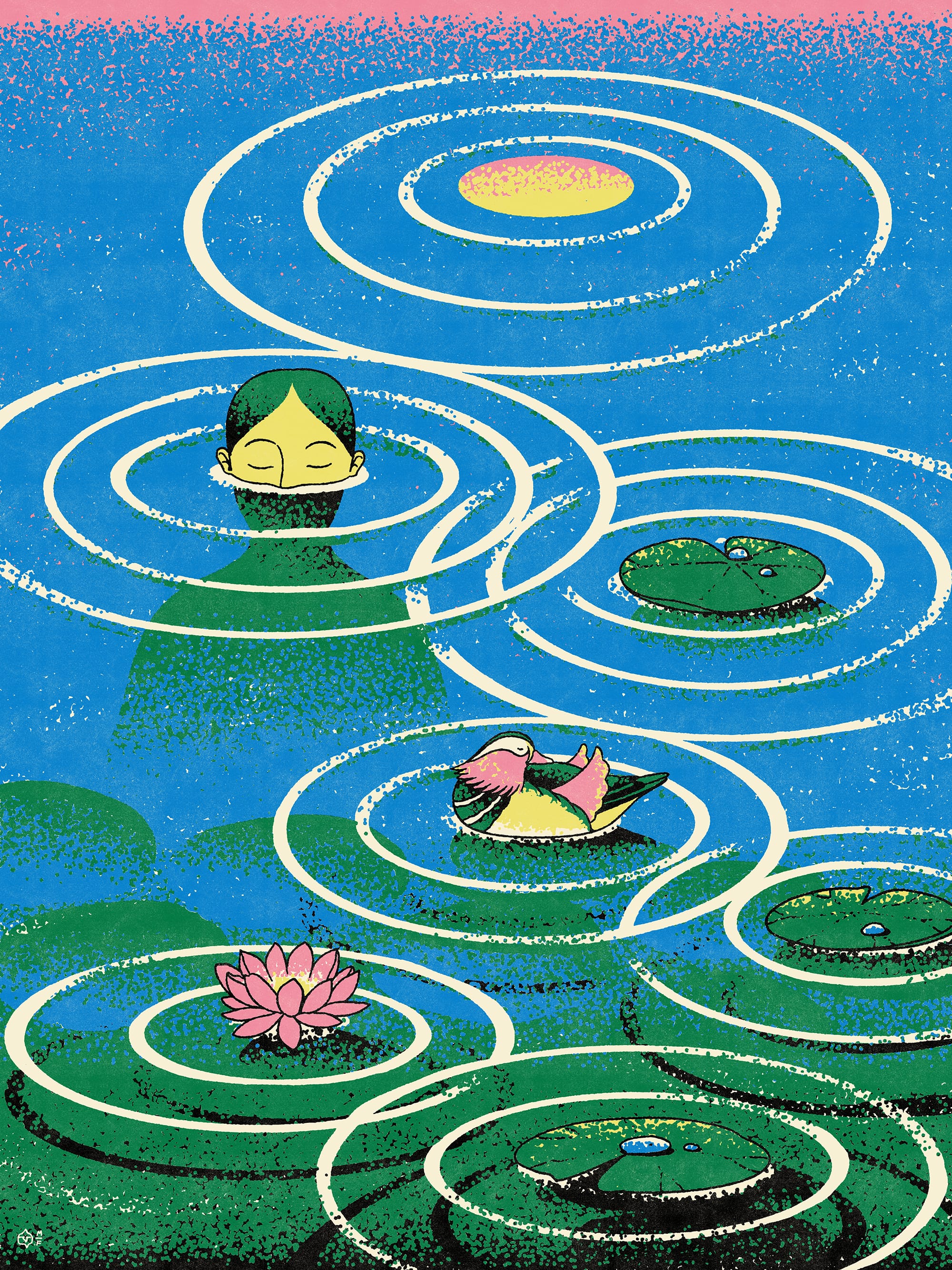 in a bold palette of colors, a head pops out of water, sending a ripple effect outward toward lilypads, lotus flowers, and a duck.