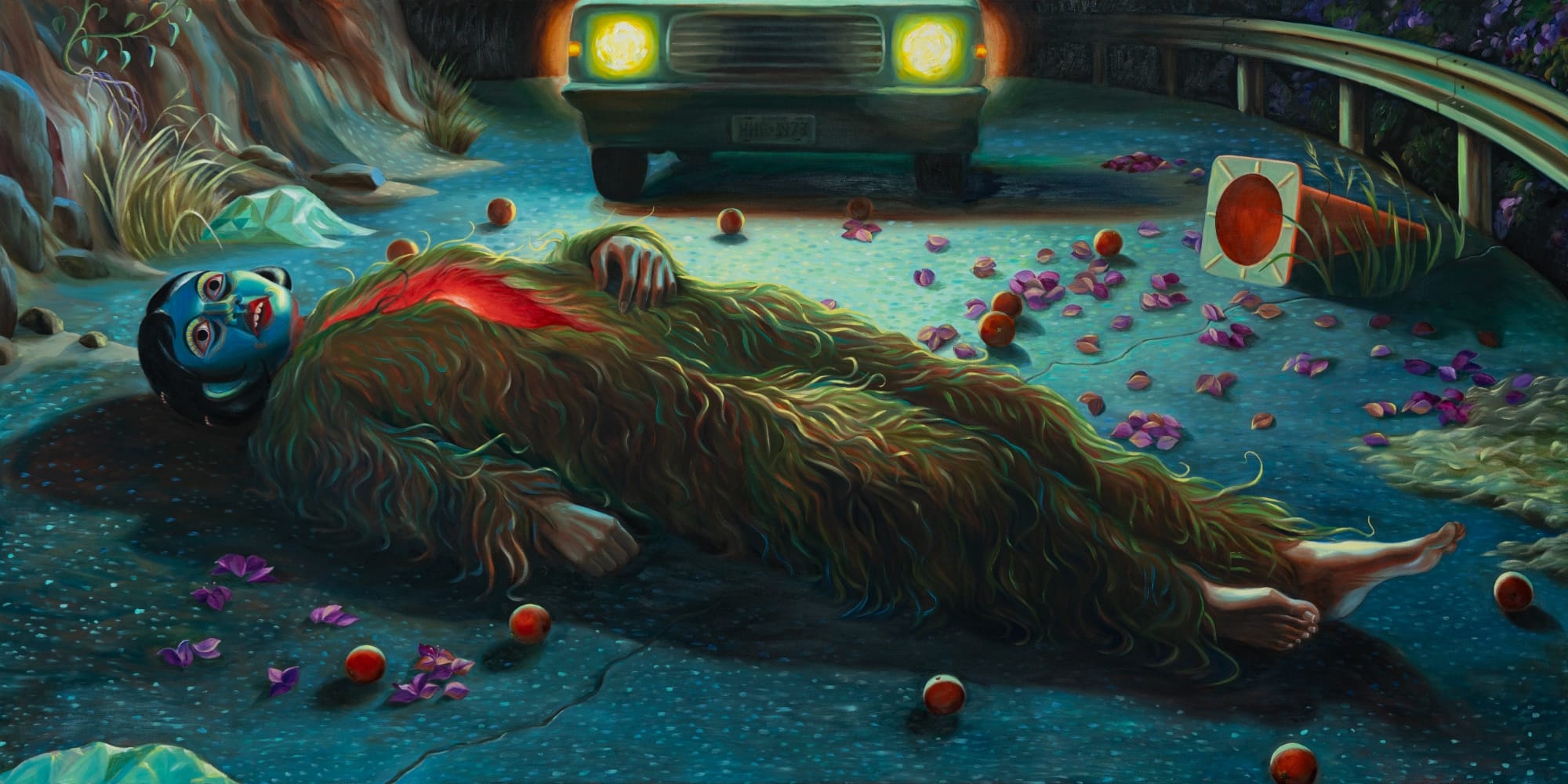 a furry figure lies on the roadway with their chest split open and car headlights illuminating the darkened scene