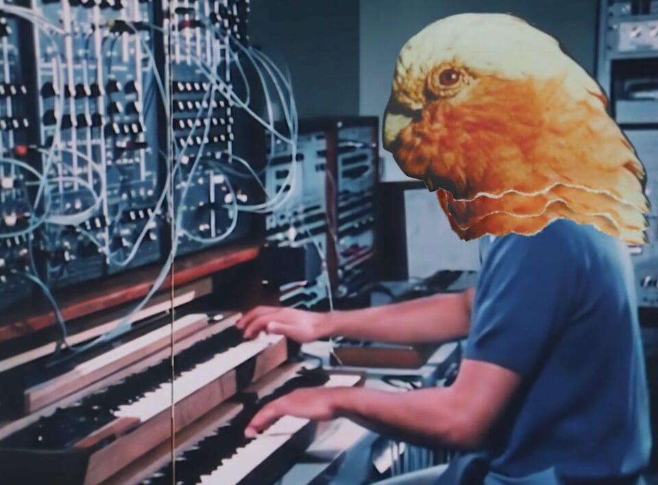 a man at a switchboard with a bird's head
