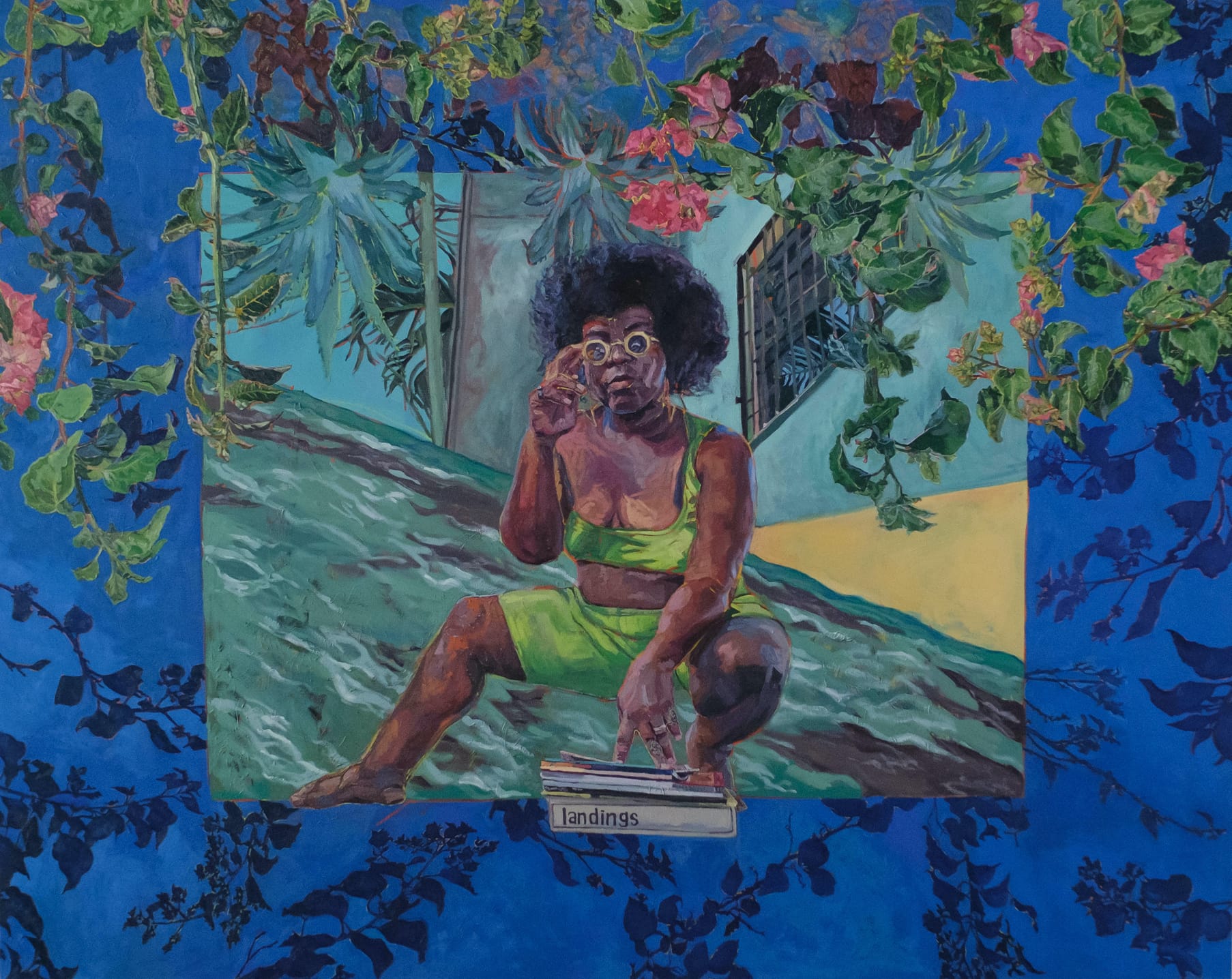 A painting of a figure squatted down in the middle of a garden and featuring a think, darker blue border around its edges.