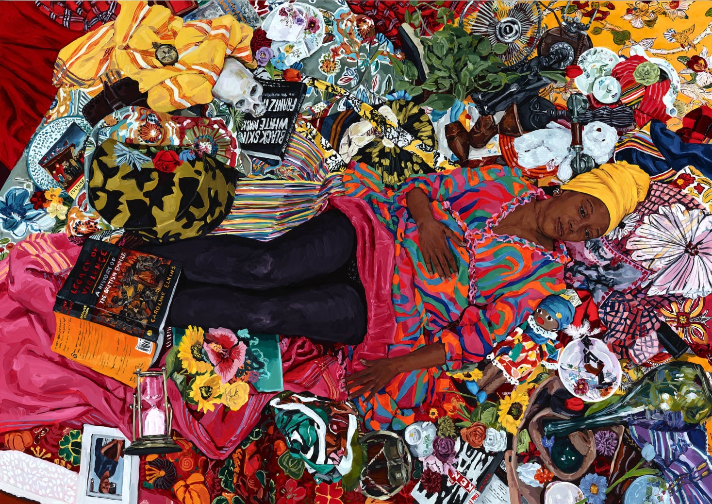 a vibrant painting of a woman lying among books and colorful, printed fabrics