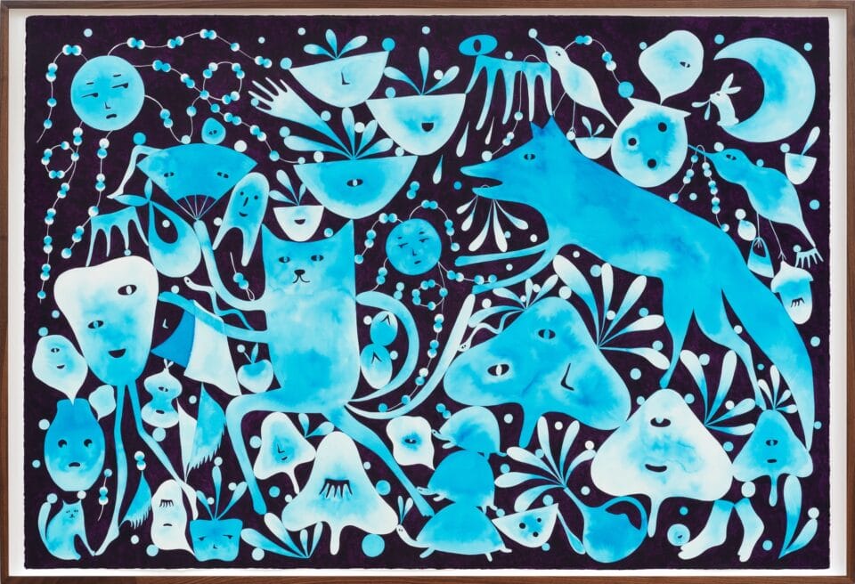 a horizontal, blue composition of abstract creatures and human features, including a wolf, closed eyes, moon shapes, and more