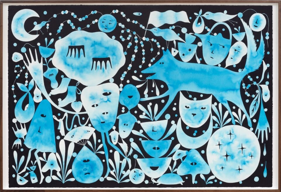 a horizontal, blue composition of abstract creatures and human features, including a wolf, closed eyes, moon shapes, and more