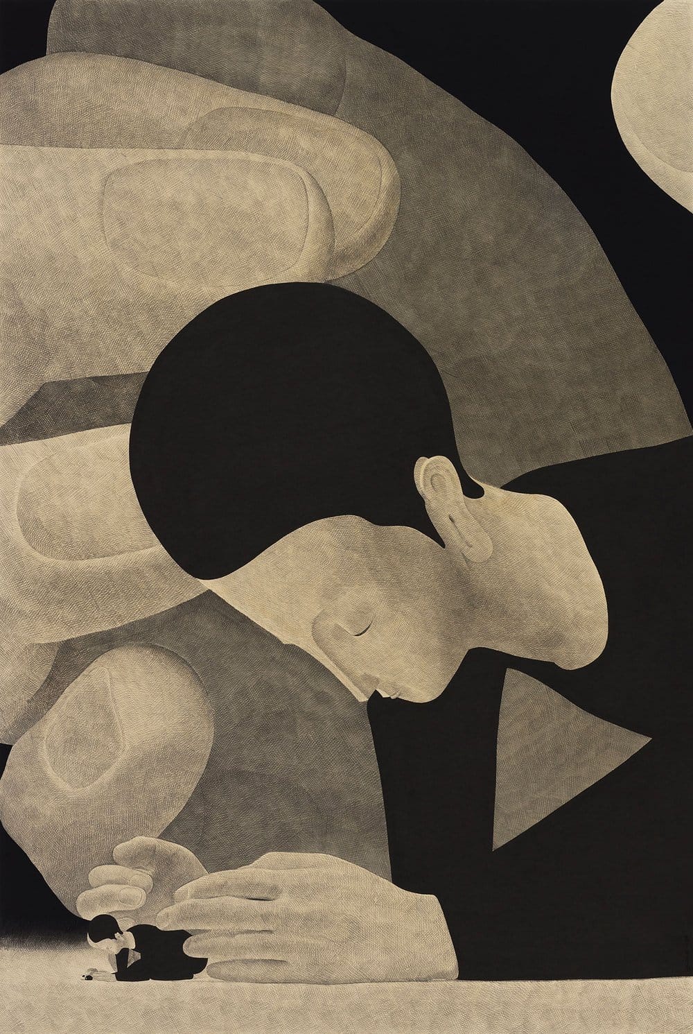 an ink drawing on paper of a figure wearing black clothing, crouched in front of a giant hand, holding their hands over another tiny figure who is also crouched and protecting another figure who is even smaller yet