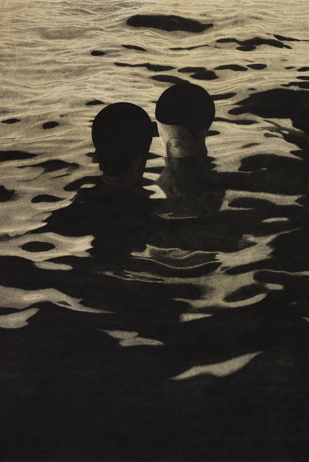 an ink drawing on paper of two figures with their heads above the surface of rippling water