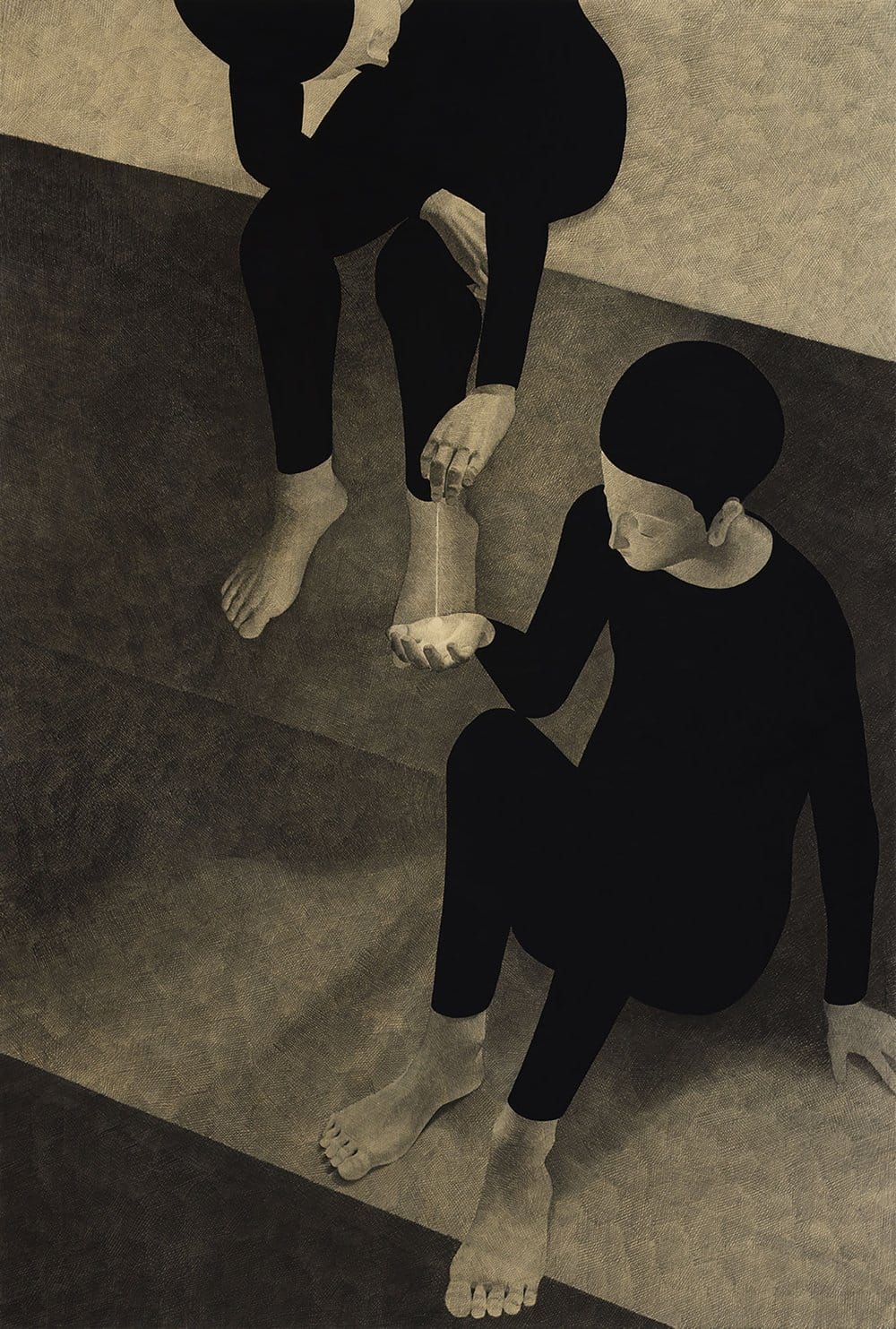 an ink drawing on paper of two figures in black garments