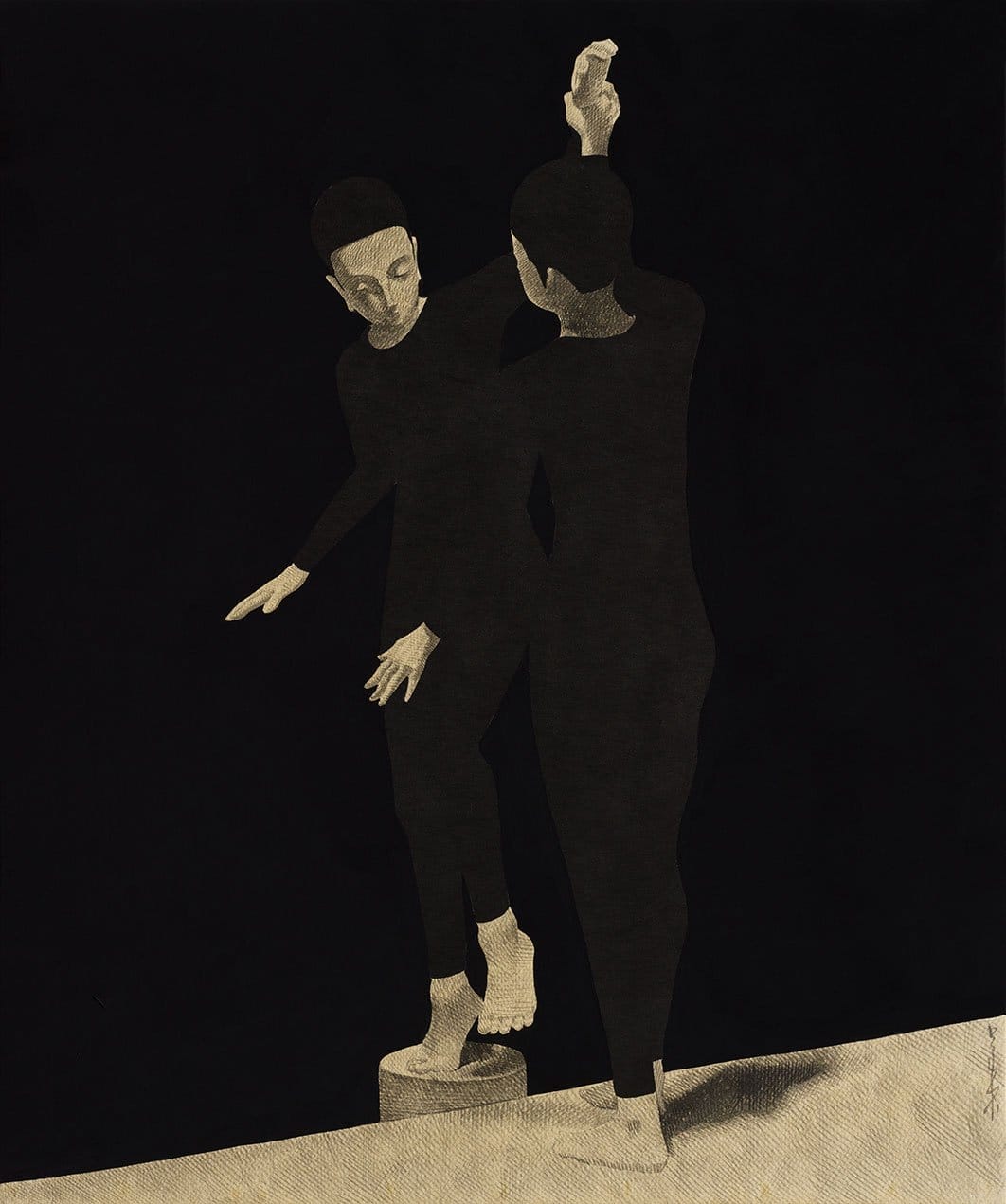 an ink drawing on paper of two figures in black garments against a dark background