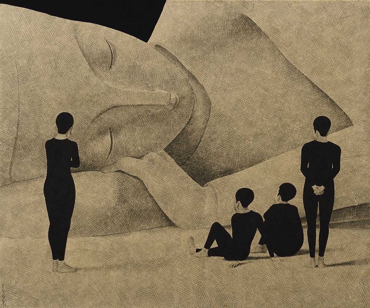 an ink drawing on paper of four figures in black garments in front of a large, sleeping figure