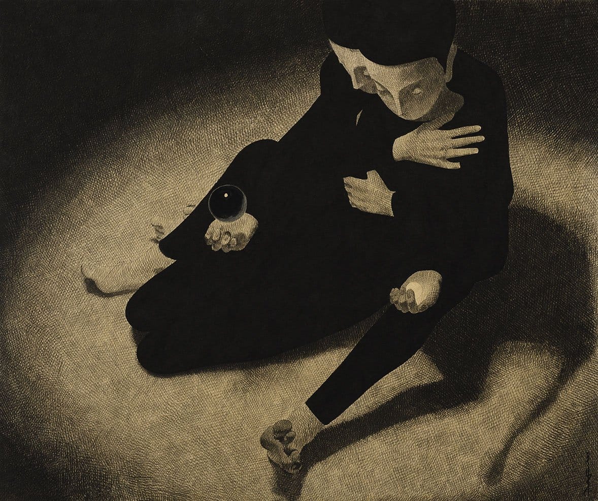 an ink drawing on paper of two figures in black garments
