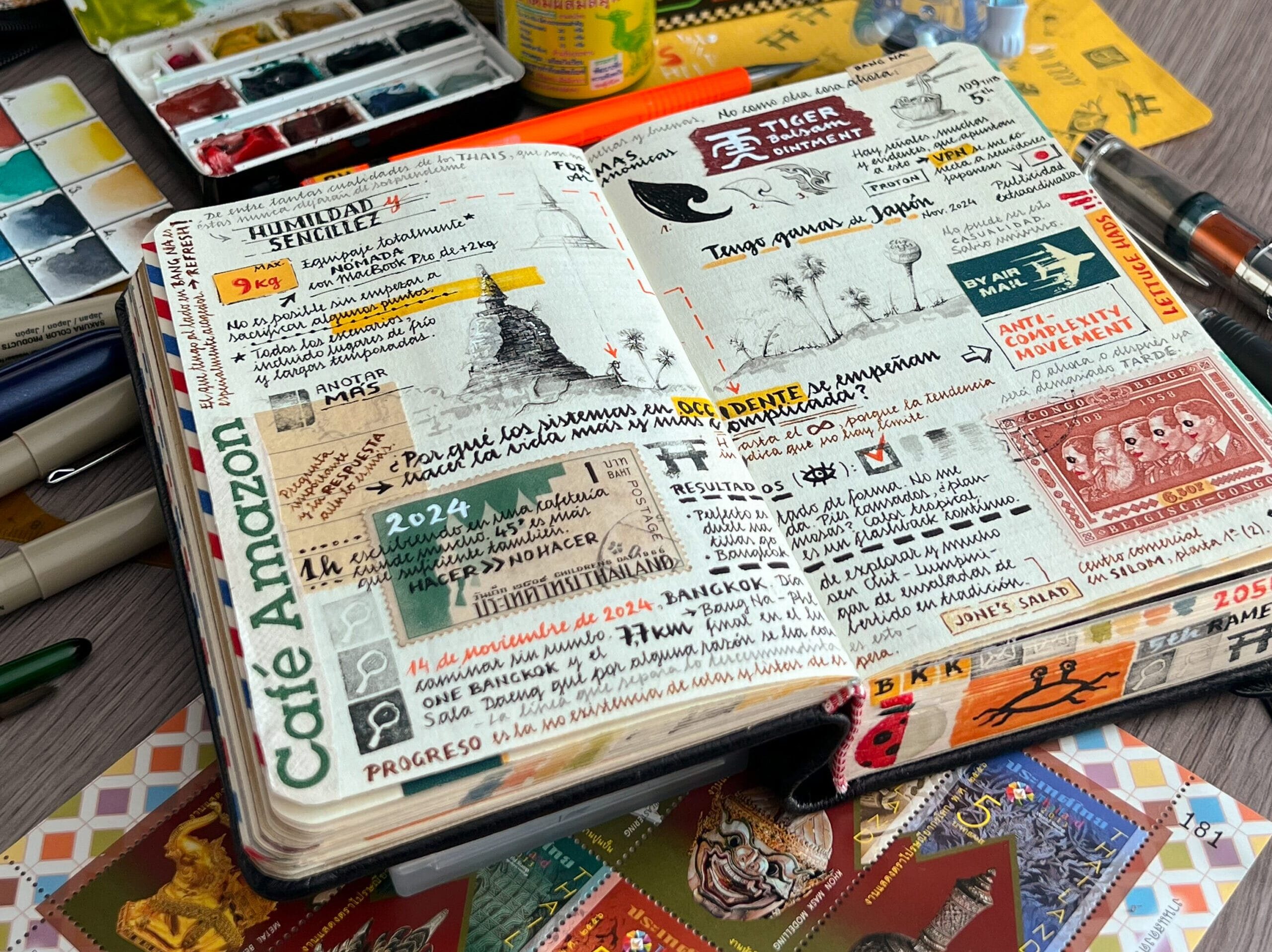 a small sketchbook with elaborately designed travel notes and drawings