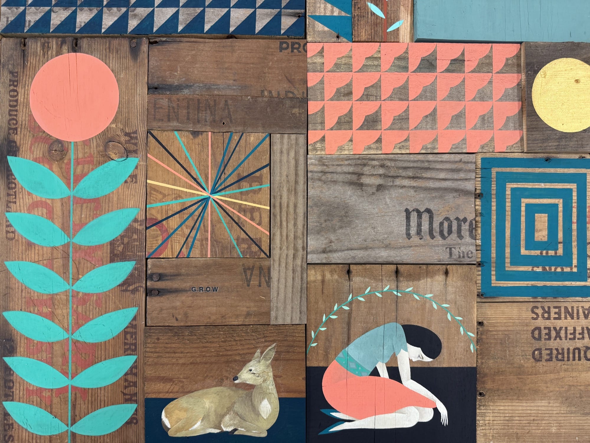 a painting on an assembled wood panel with various compartments delineated by geometric patterns and colors, with figures and animals interacting in some of the compartments