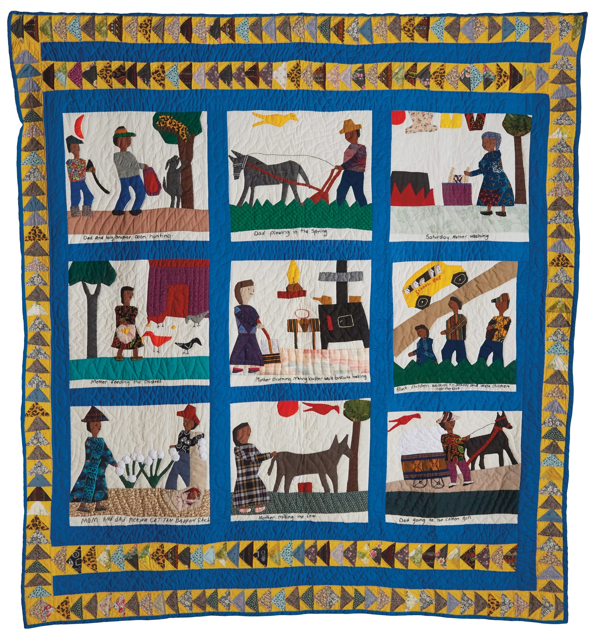 a pictorial quilt with nine frames showing people and animals in everyday activities, surrounded by a blue border and geometric patterns
