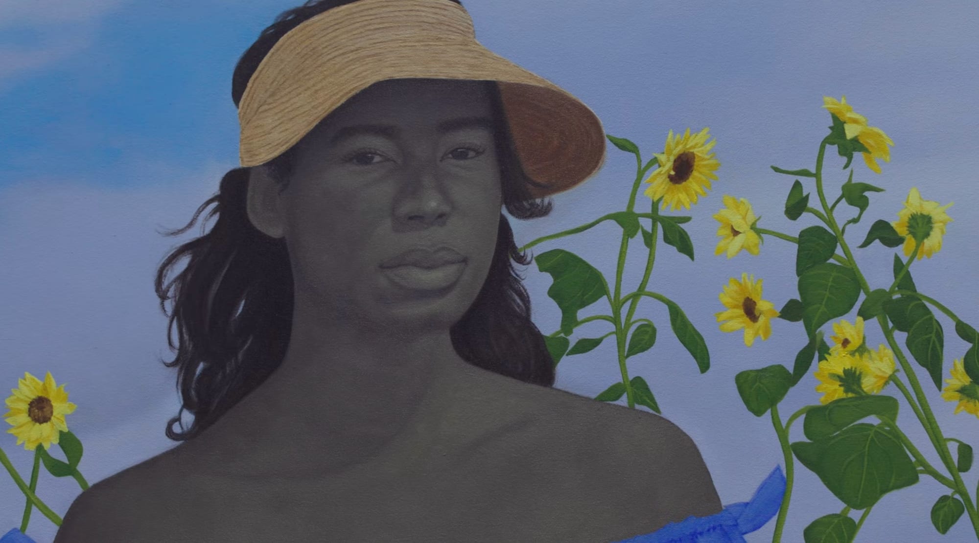 a detail image of a portrait of a black woman with a sun hat in front of sunflowers