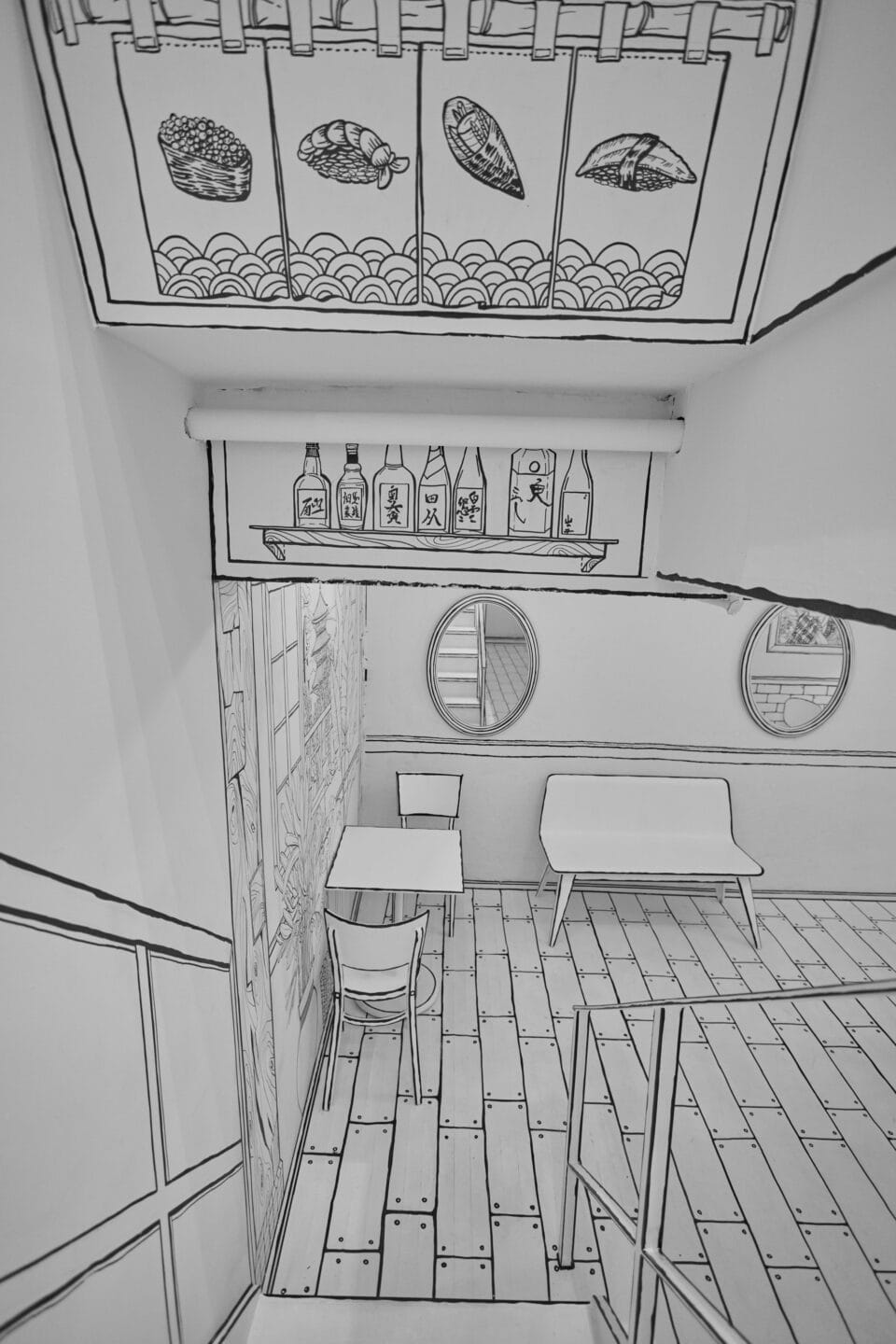 a stairwell in a restaurant all in black-and-white with line-drawn details on every surface so that it appears like a living 2D drawing
