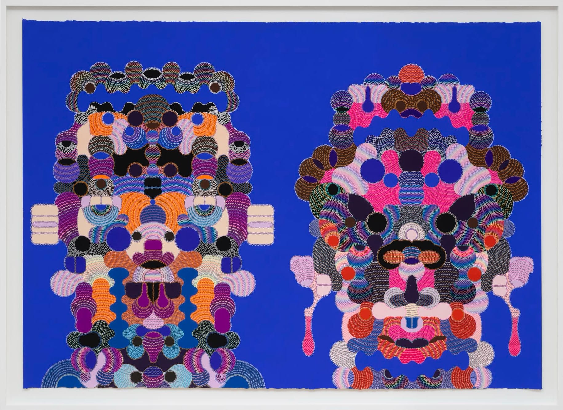 two abstract symmetric works with colorful geometries and delicate linework reminiscent of faces and in a white frame