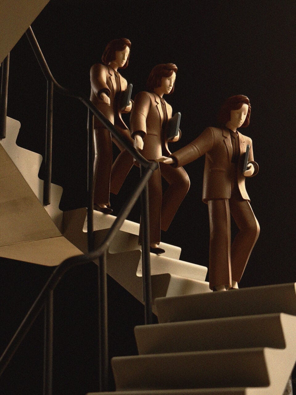 a behind the scenes image of three women at various stages of the walking process as they move down a staircase