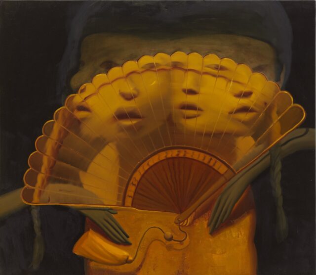 an abstracted painting composition of a fan with four faces merged with it or behind it, set against a dark background
